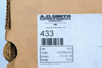 AO Smith 433, JF2G010NV 1/20 HP Draft Inducer Motor