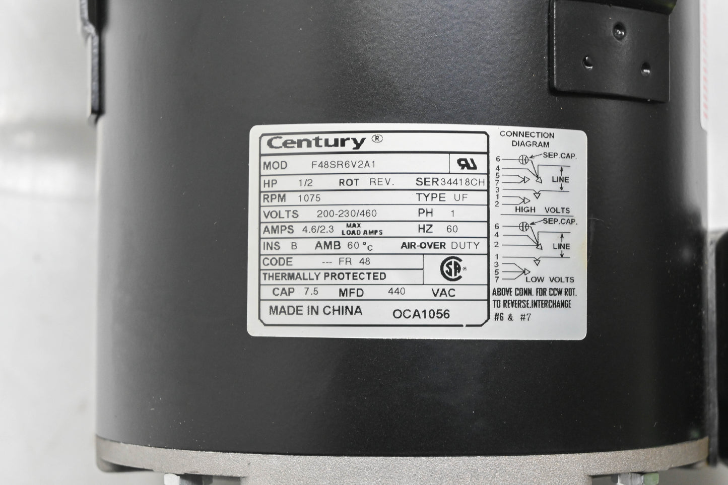 Century OCA1056 1/2 HP 220V/460V 1 Phase Electric Motor NOS