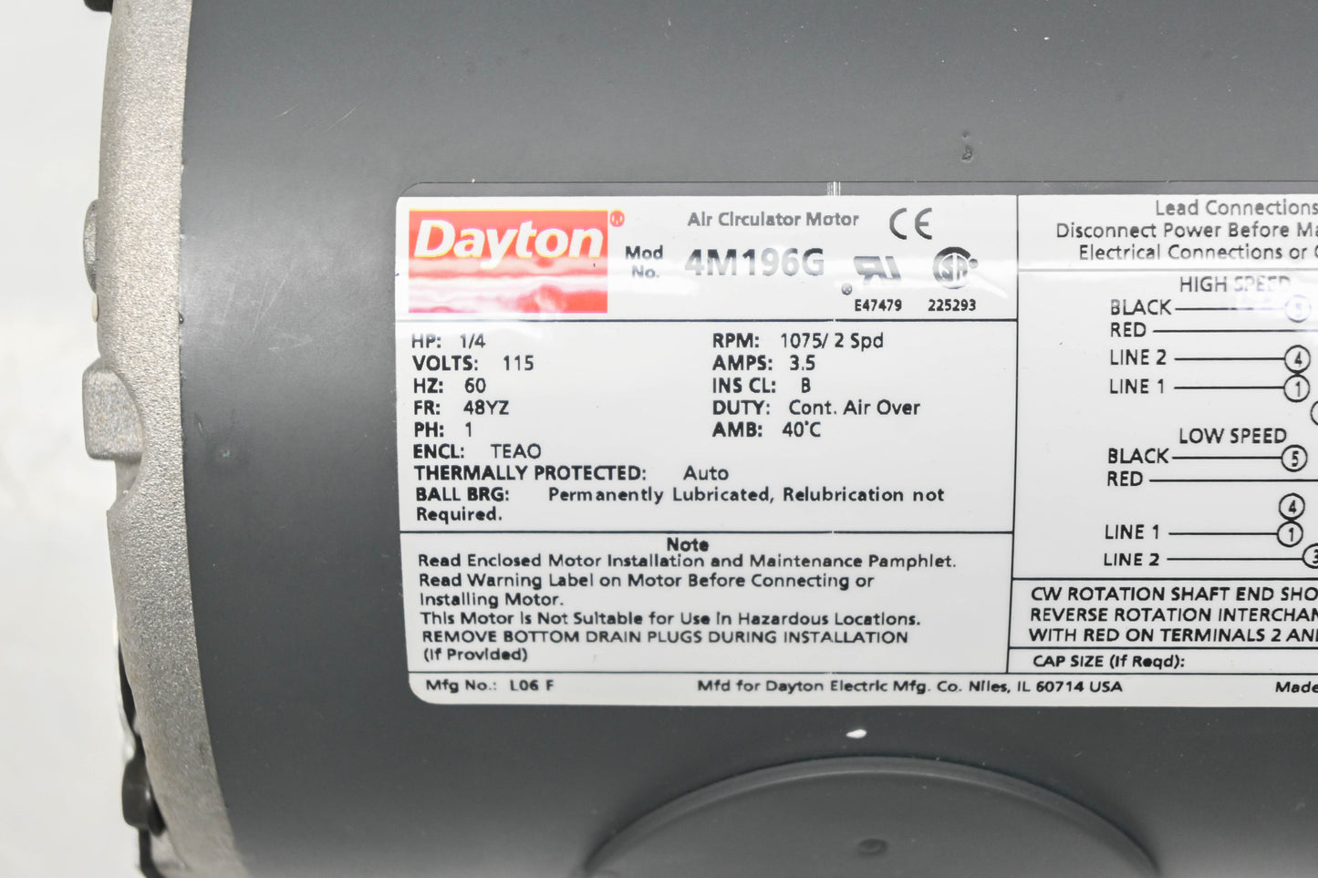 Dayton 4M196G 1/4 HP 2 Speed 115V Electric Motor NOS