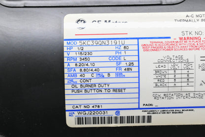 General Electric 5KC39QN3191U 1/2HP 115V/230V 3450RPM Electric Motor