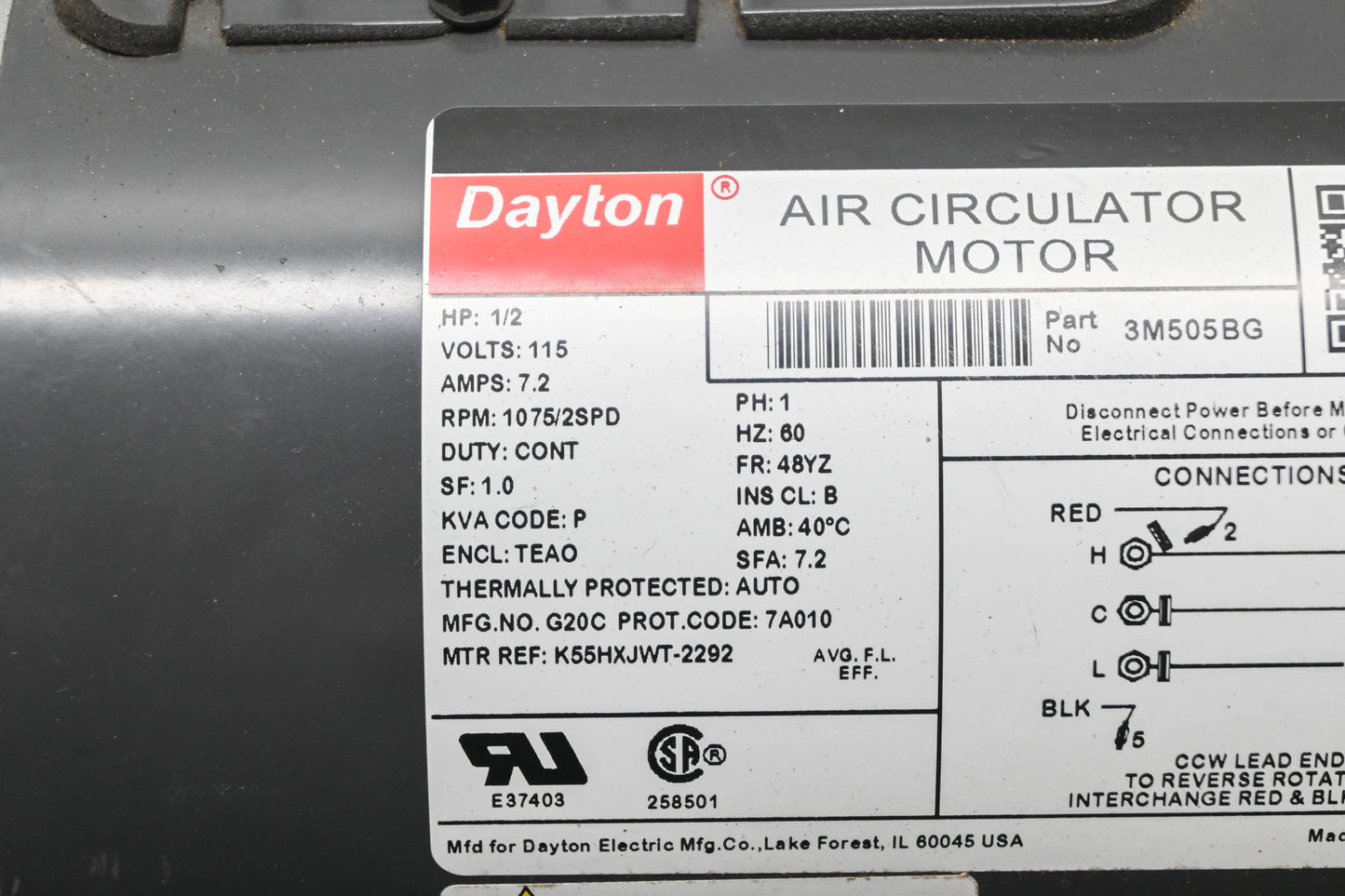 Dayton 3M505BG 1/2HP 115V 2 Speed Electric Motor NOS