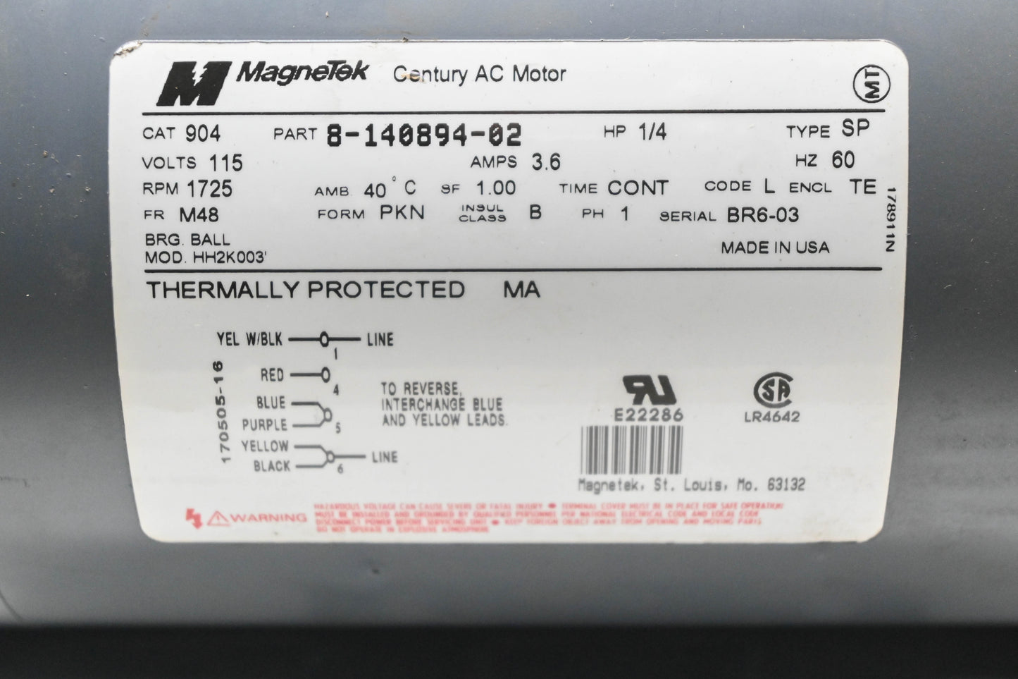 MagneTek 8-140894-02 1/4HP 115V 1725RPM Electric Motor NOS