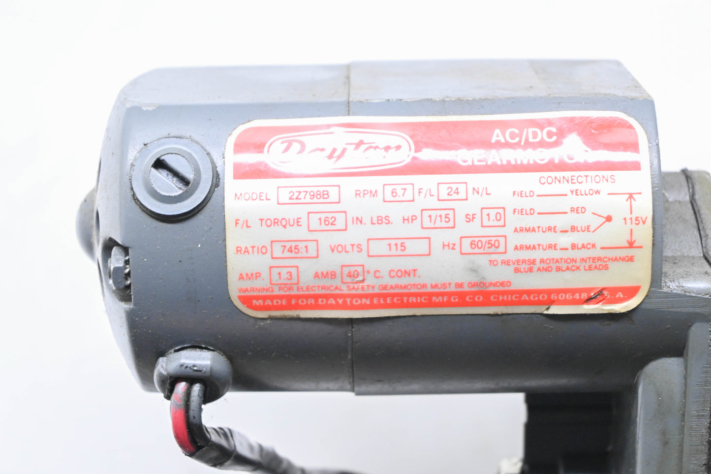 Dayton 2Z798B 1/15HP 115V 6.7RPM Electric Gear Motor