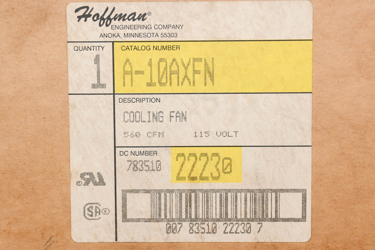 Hoffman A10AXFN 115V 10" Axial Fan NOS