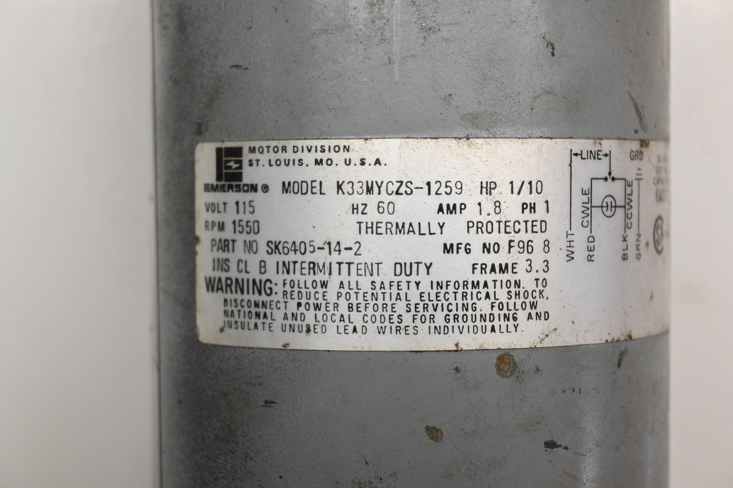 Emerson K33MYCZS-1259, SK6405-14-2, SK6405-44 1/10 HP 1.8A 115V Electric Motor