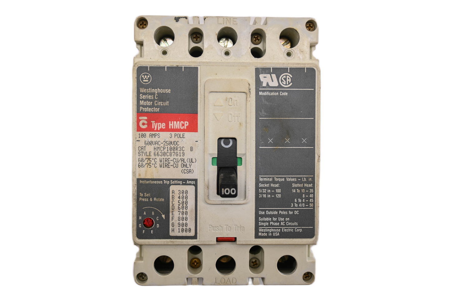 Westinghouse HMCP100R3C 100A-600V Circuit Breaker