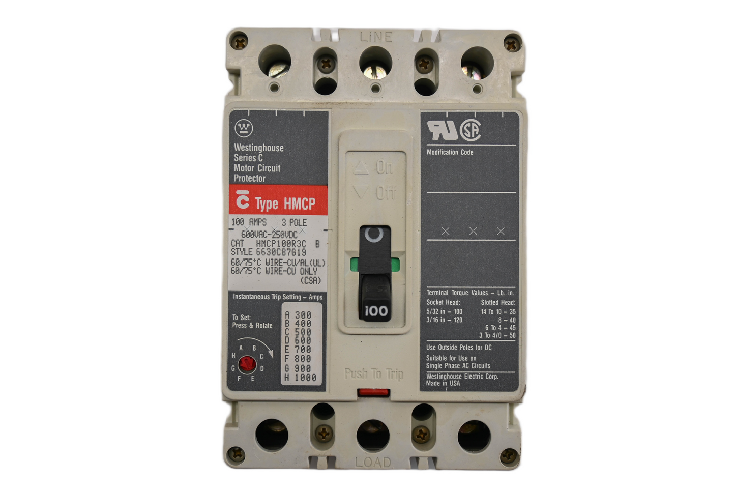 Westinghouse HMCP100R3C 100A-600V Circuit Breaker NOS