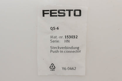 Festo QS-6, 153032 6mm x 1/8" Push-In Fittings Qty 2 NOS