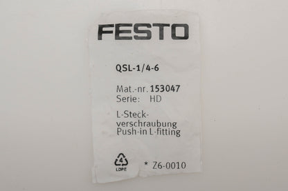 Festo QSL-1/4-6 6mm x 1/8" Push-In 90� Fittings Qty 2 NOS