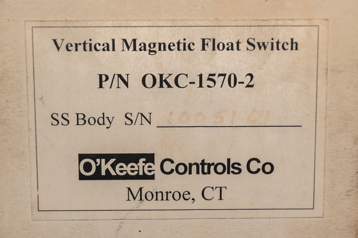 O'Keefe Controls OKC-1570-2 Vertical Magnetic Float Switch NOS