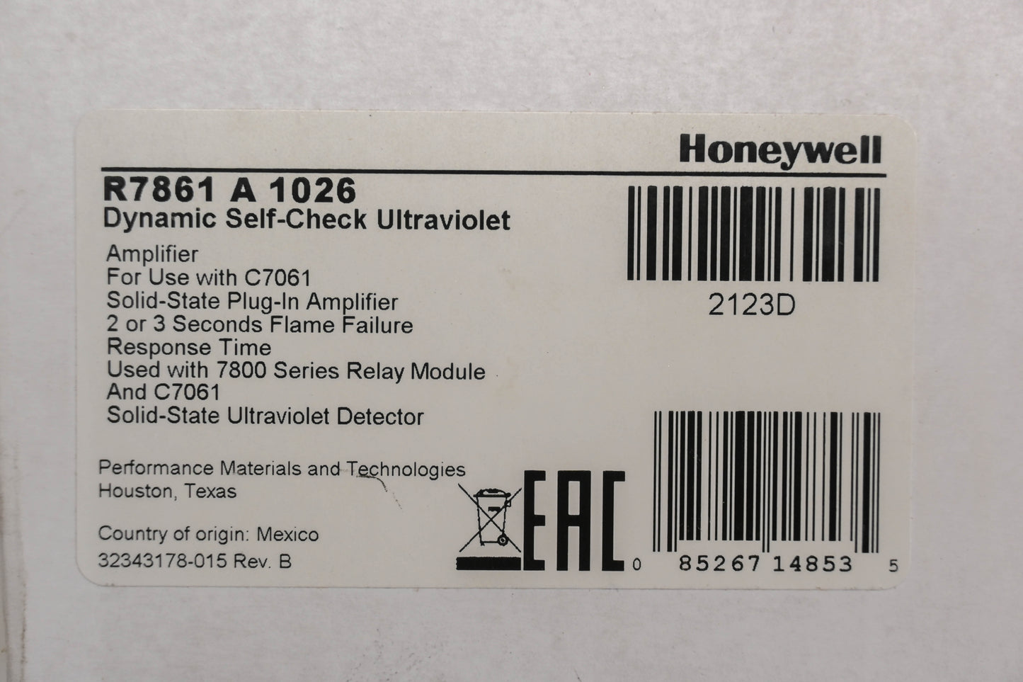 Honeywell R7861 A 1026, R7861A1026 Dynamic Self-Check Ultraviolet Flame Check Amplifier NOS