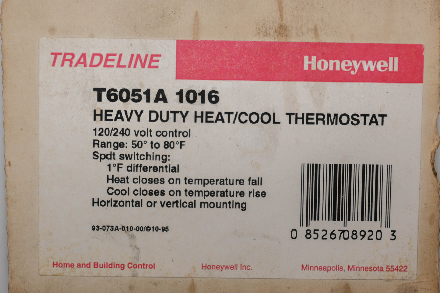 Honeywell T6051A 1016 Heavy Duty Heat/Cool Thermostat Kit NOS