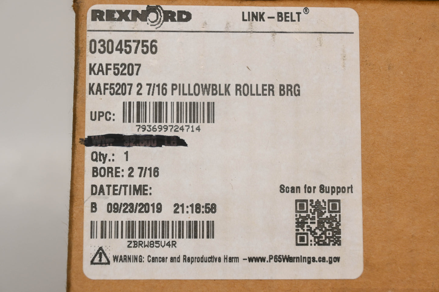 Rexnord KAF5207, 03045756 2-7/16" Pillow Block Roller Bearing NOS