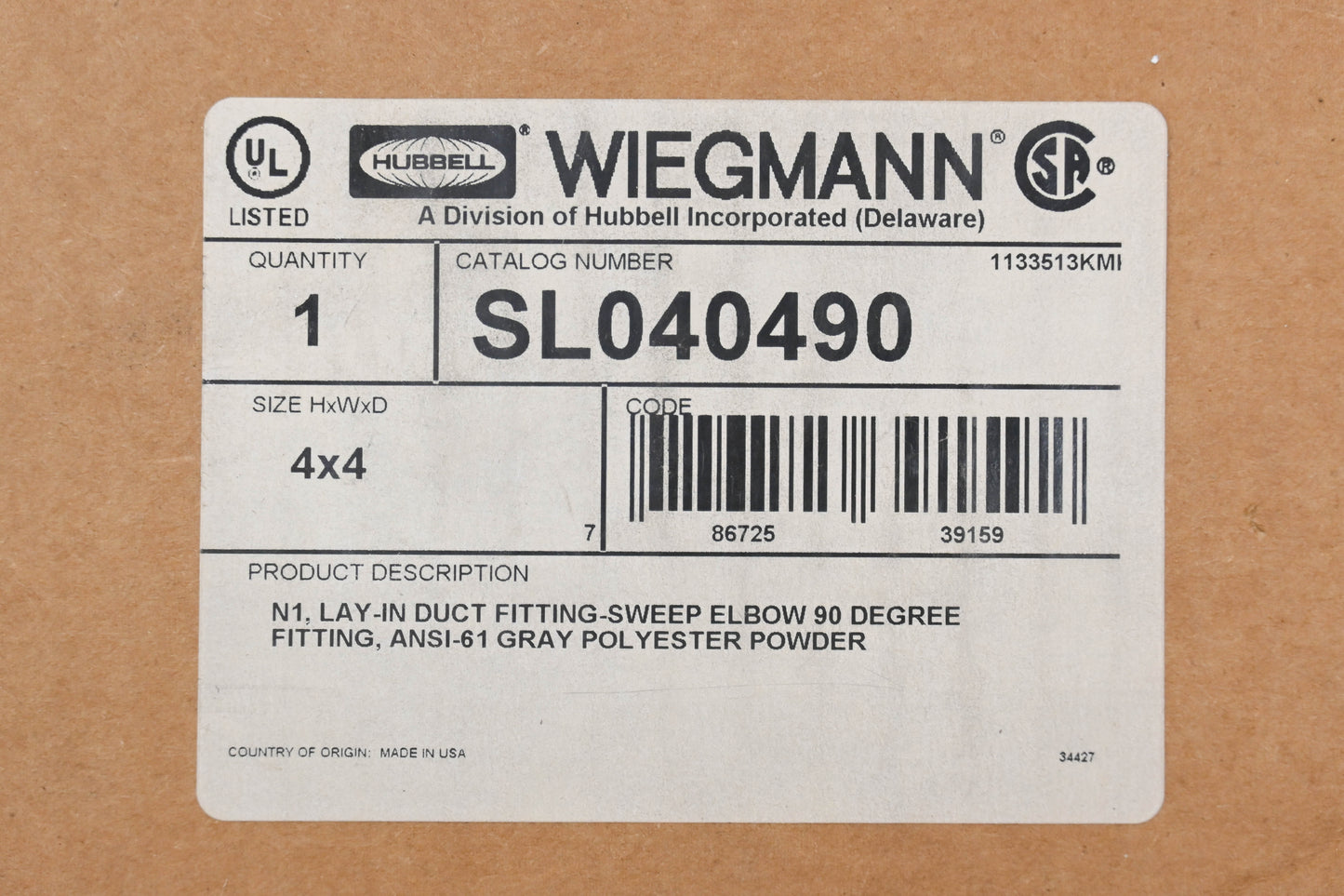 Wiegmann SL040490 4" x 4" 90� Sweep Elbow Wireway NOS