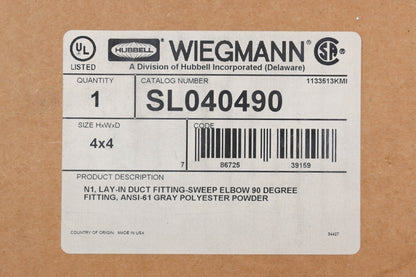 Wiegmann SL040490 4" x 4" 90� Sweep Elbow Wireway NOS