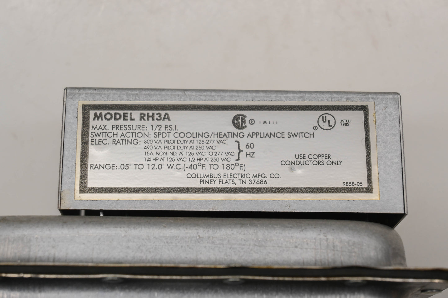 Columbus Electric RH3A 1/2 PSI Air Pressure Switch NOS