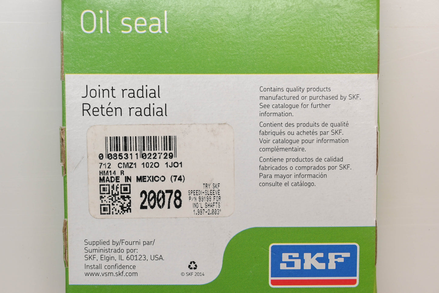 SKF 20078 2" x 3-5/32" x 1/4" Oil Seal NOS