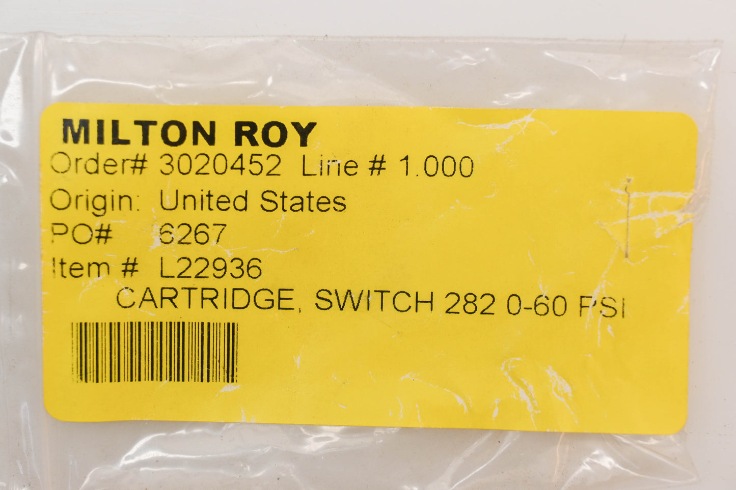 Milton Roy L22936 0-60 PSI Cartridge Switch 282 NOS