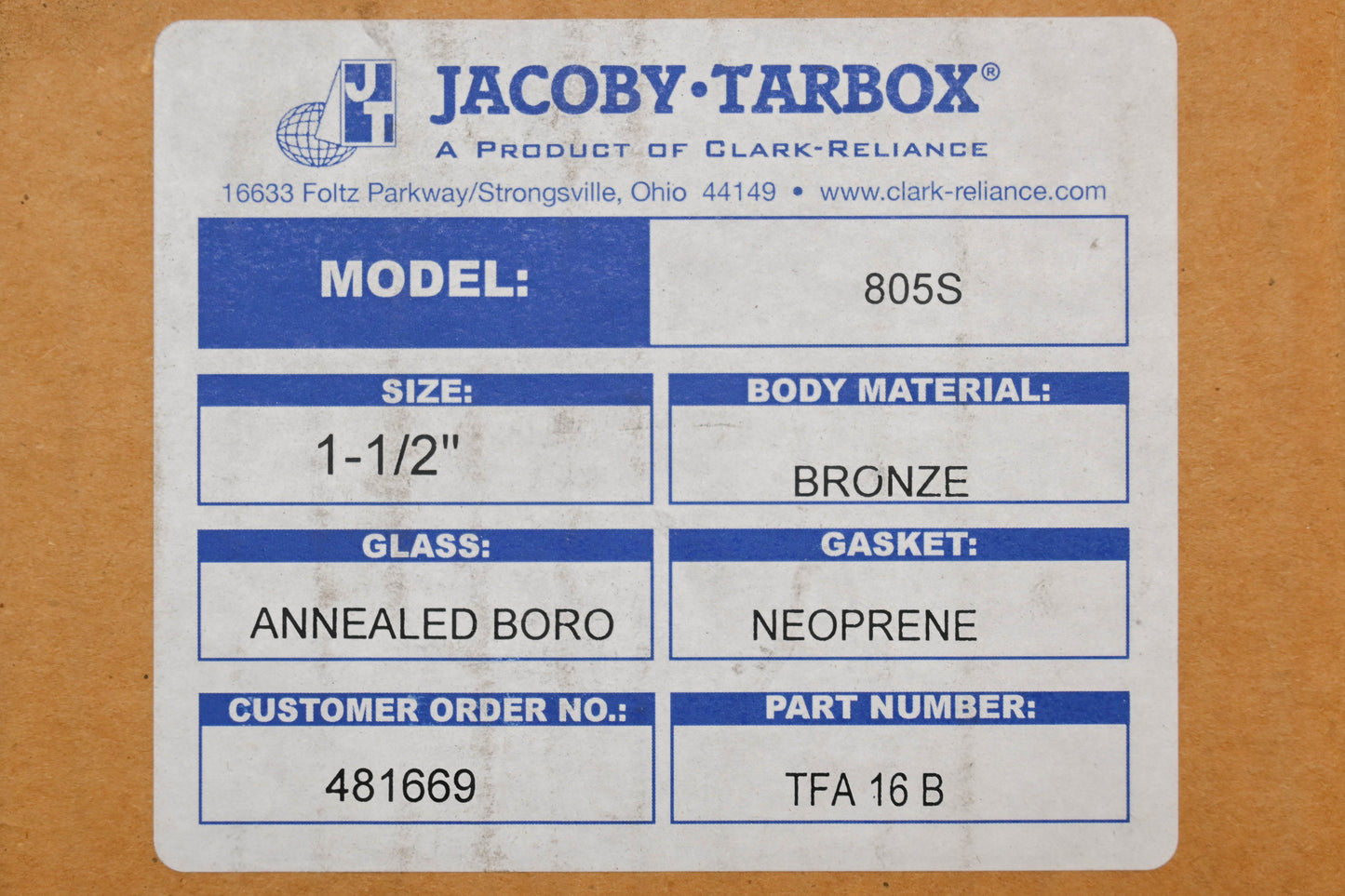 Jacoby-Tarbox TFA16B, 805S 1-1/2" Sight Flow Indicator NOS