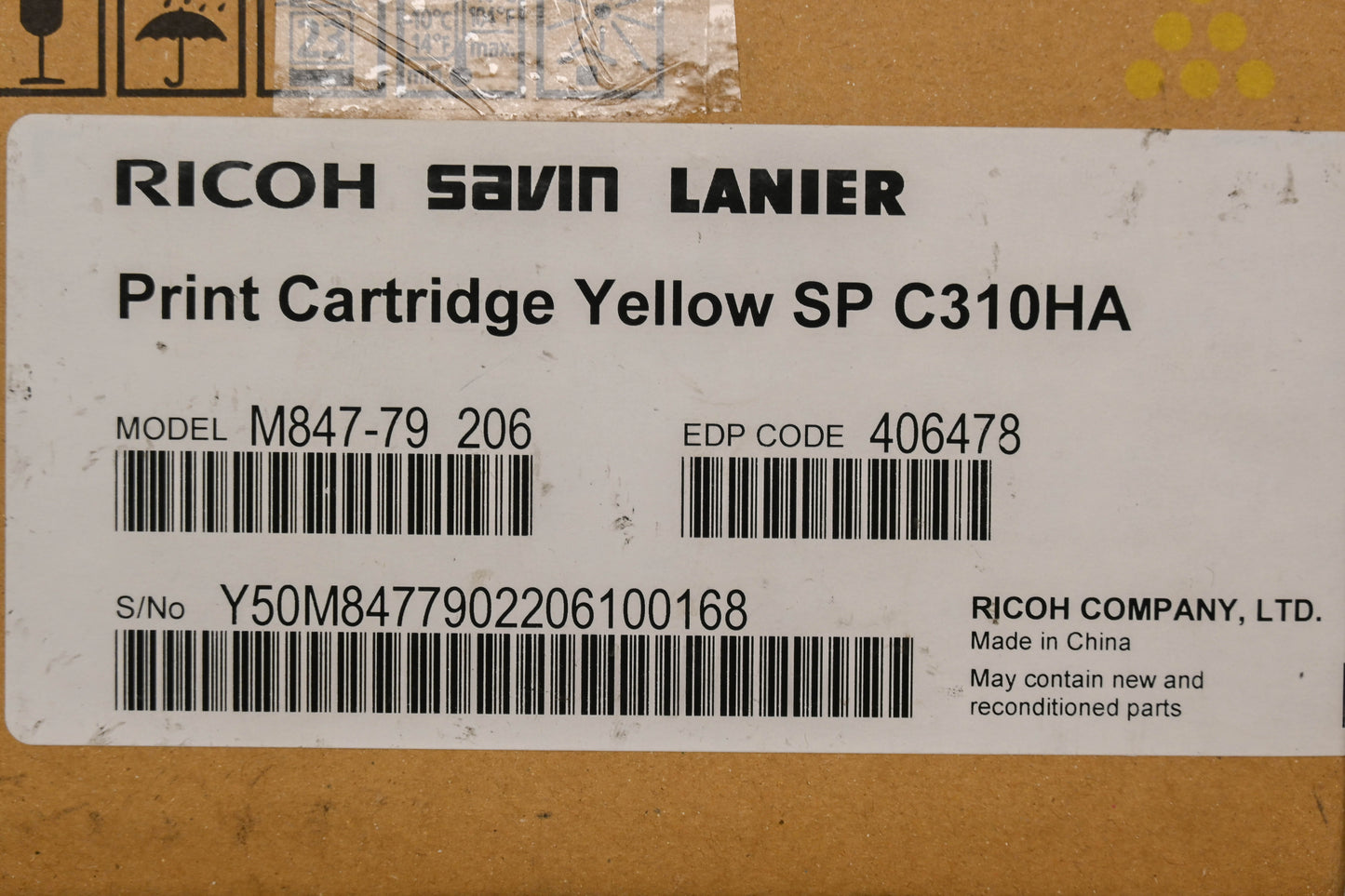 RICOH M847-79 206, SP C310HA Yellow Print Cartridge NOS