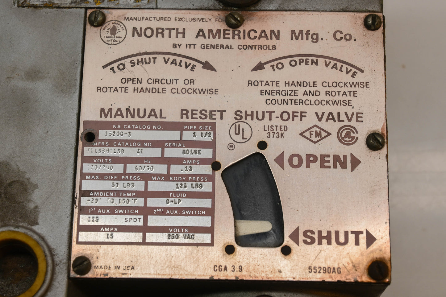 General Controls 1520G-3, V116BH115B 1-1/2" 50PSI Manual Reset Safety Shut-Off Valve