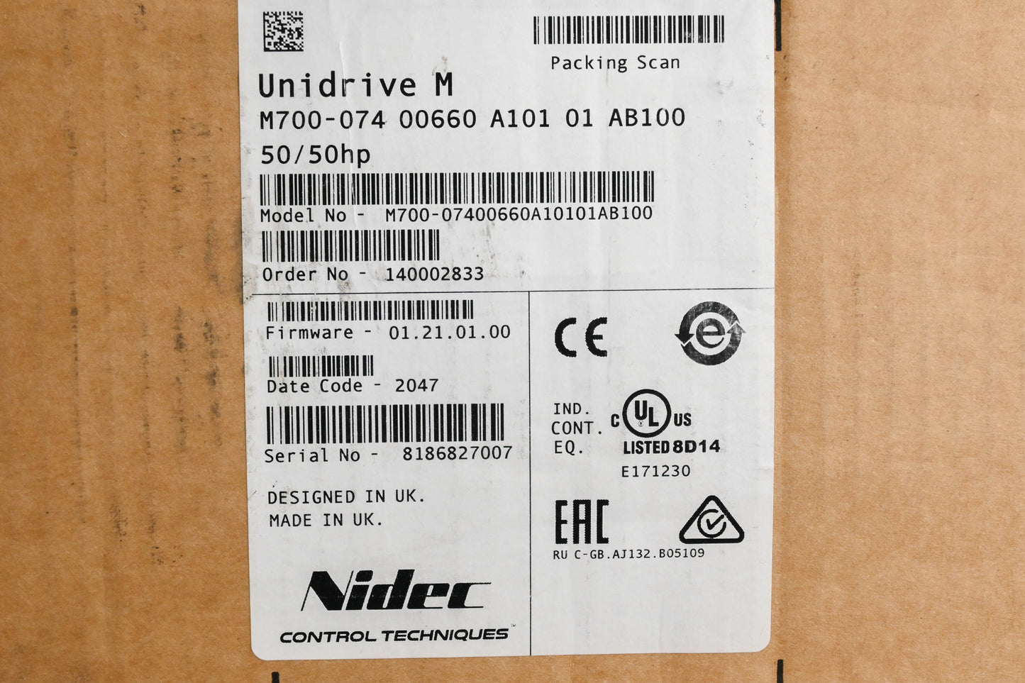 Nidec M700-074 00660 A101 01 AB100 50/50HP Unidrive M Kit NOS