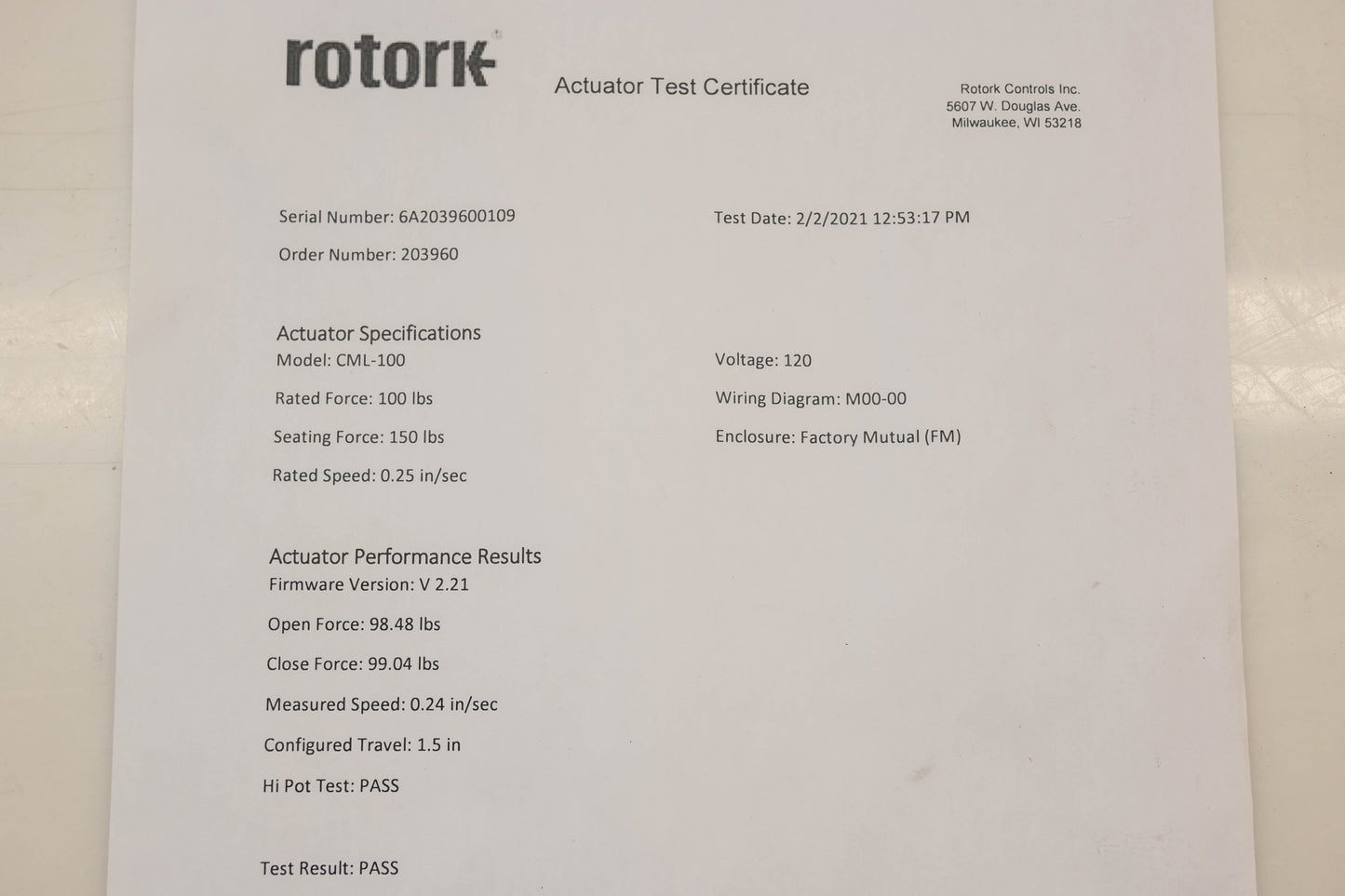 Rotork CML-100 1-1/2" Actuator Valve Assembly NOS