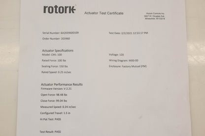 Rotork CML-100 1-1/2" Actuator Valve Assembly NOS