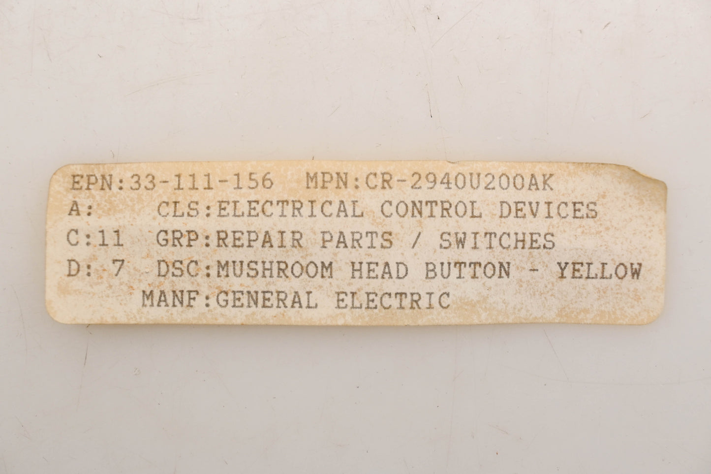 GE CR2940U200AK, 33-111-156 Yellow Indicator Light Cap NOS