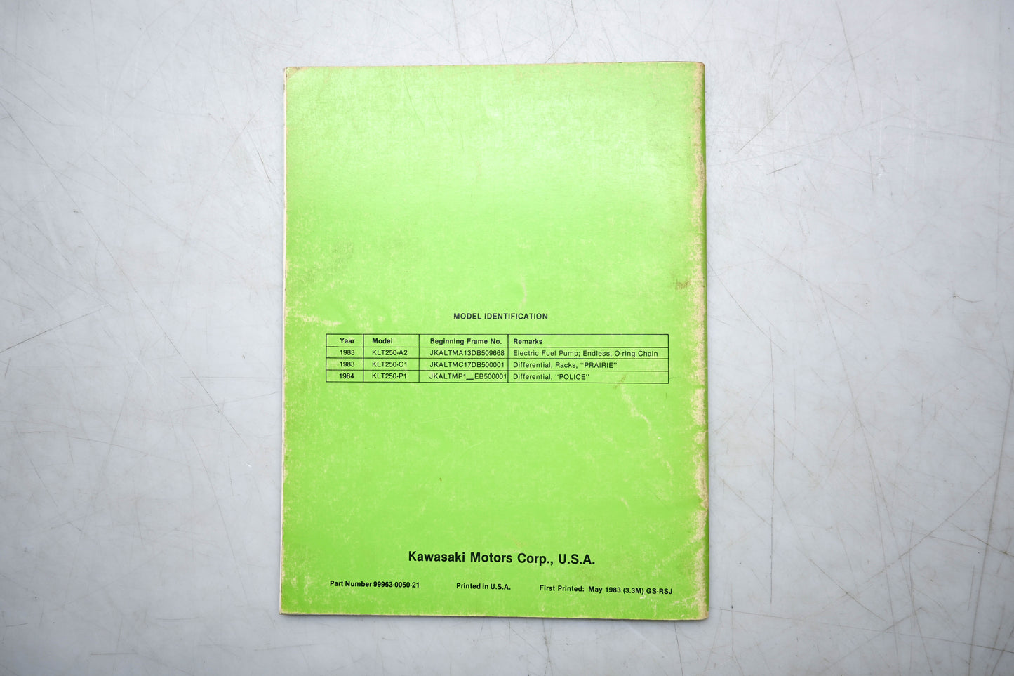 OEM Kawasaki 99963-0050-21 KLT250 Service Manual Supplement