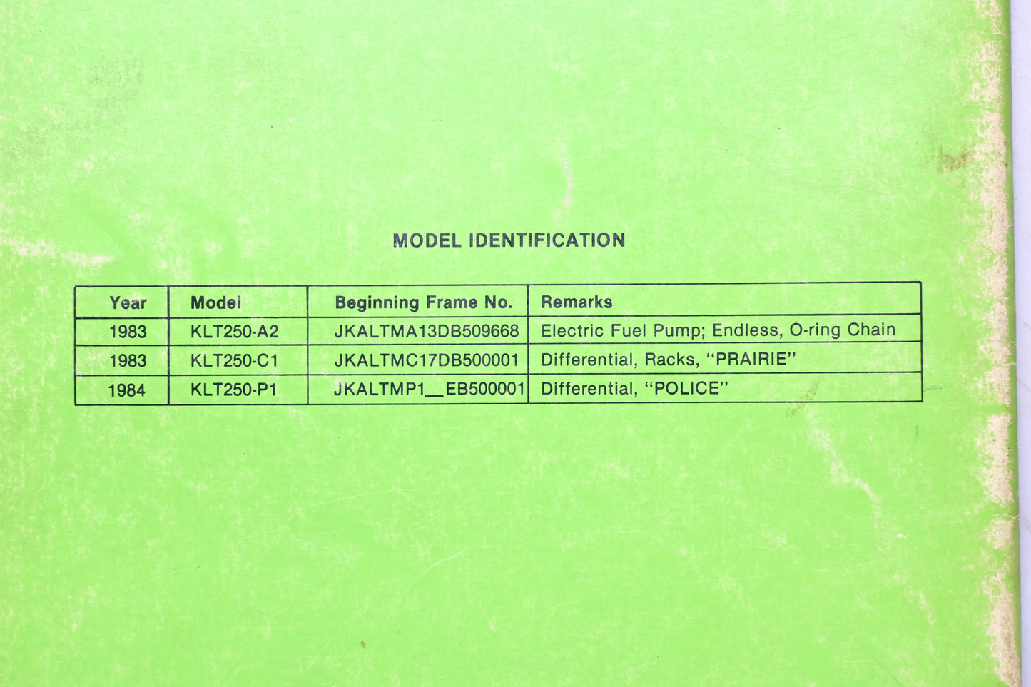 OEM Kawasaki 99963-0050-21 KLT250 Service Manual Supplement