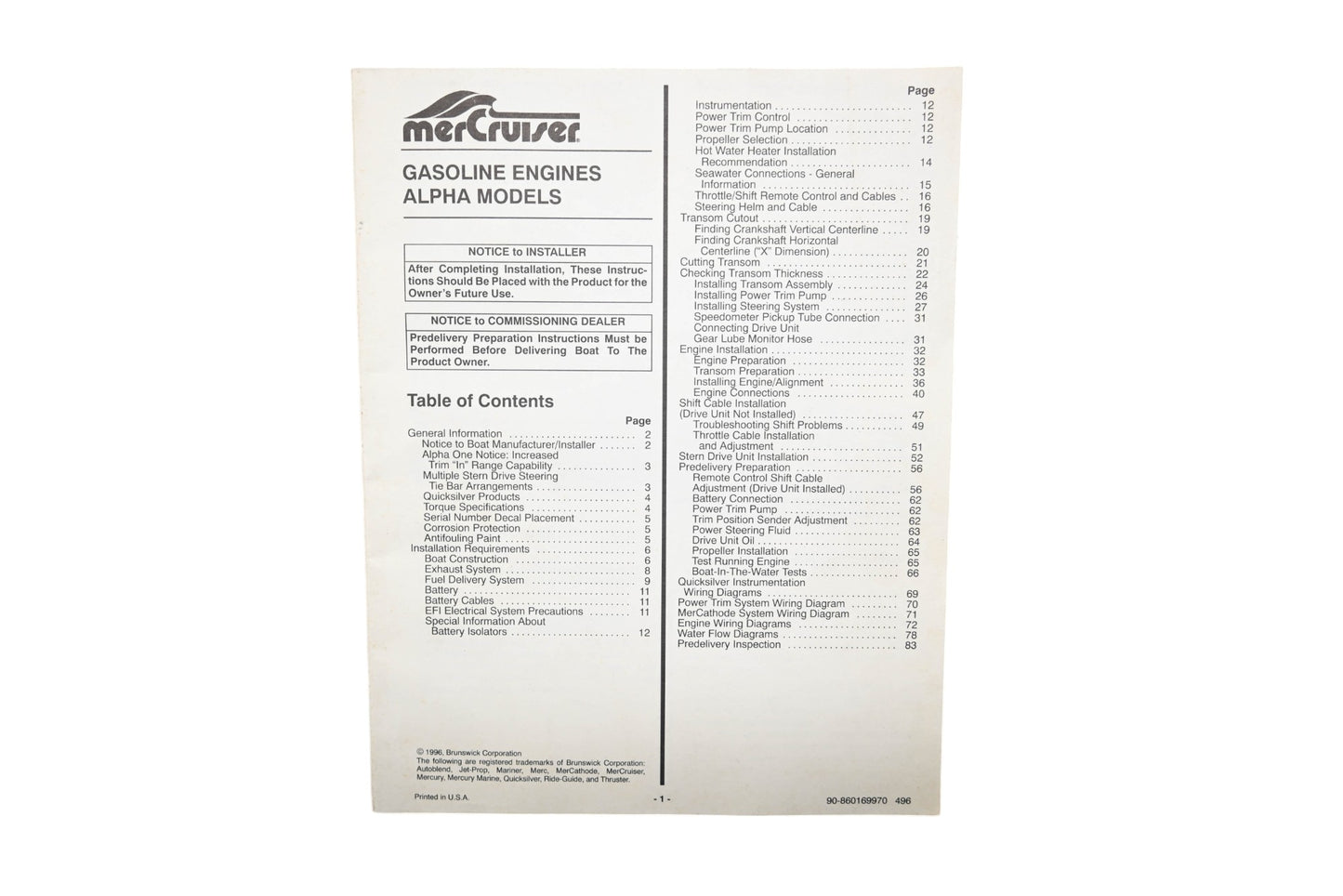 MerCruiser 90-860169970 Alpha Model Gasoline Engines Manual