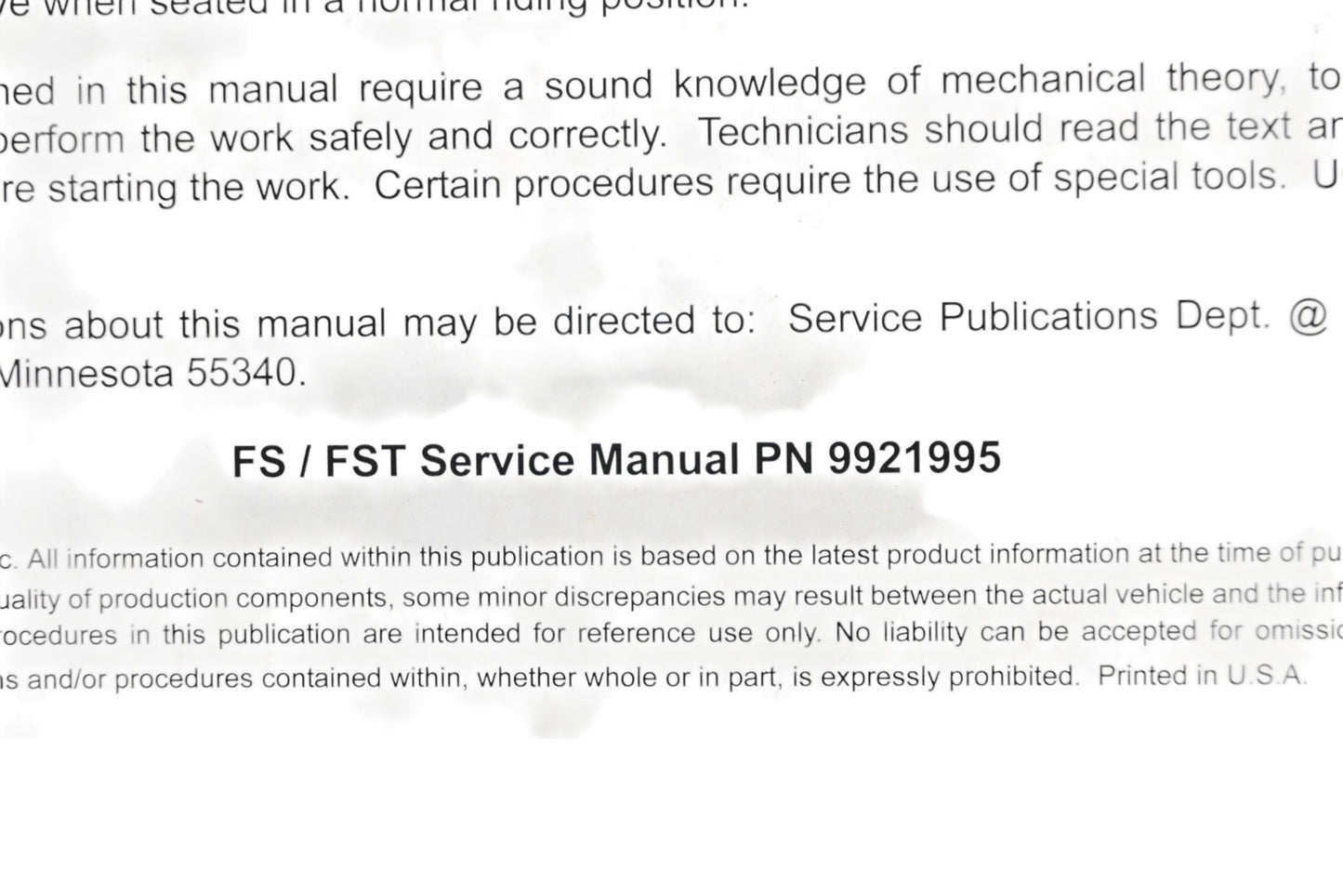 OEM Polaris 9921995 FS FST Shop Service Manual