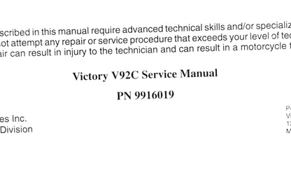 OEM Victory 9916019 1999 V92C Shop Service Manual