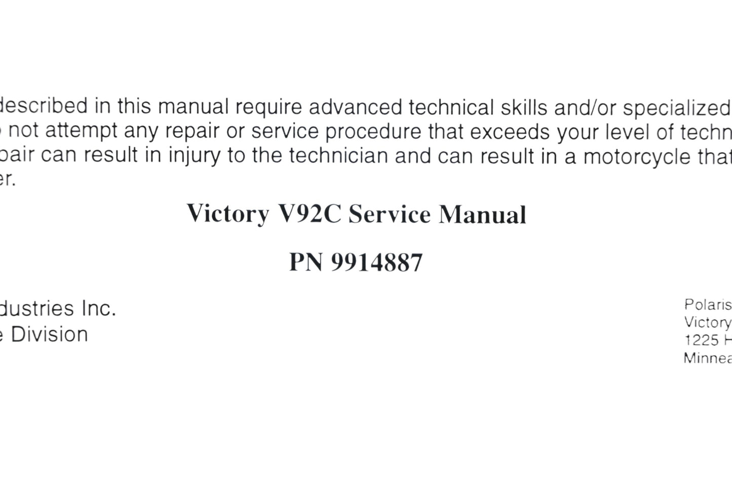 OEM Victory 9914887 98 V92C Shop Service Manual