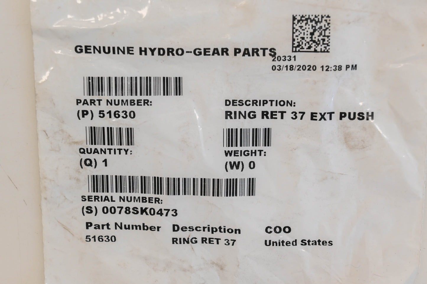 Hydro-Gear 51630 Retaining Ring NOS