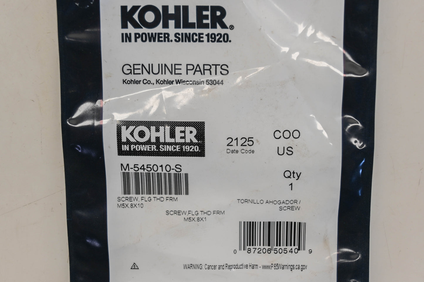 Kohler M-545010-S M5-0.08 x 10 Screw NOS