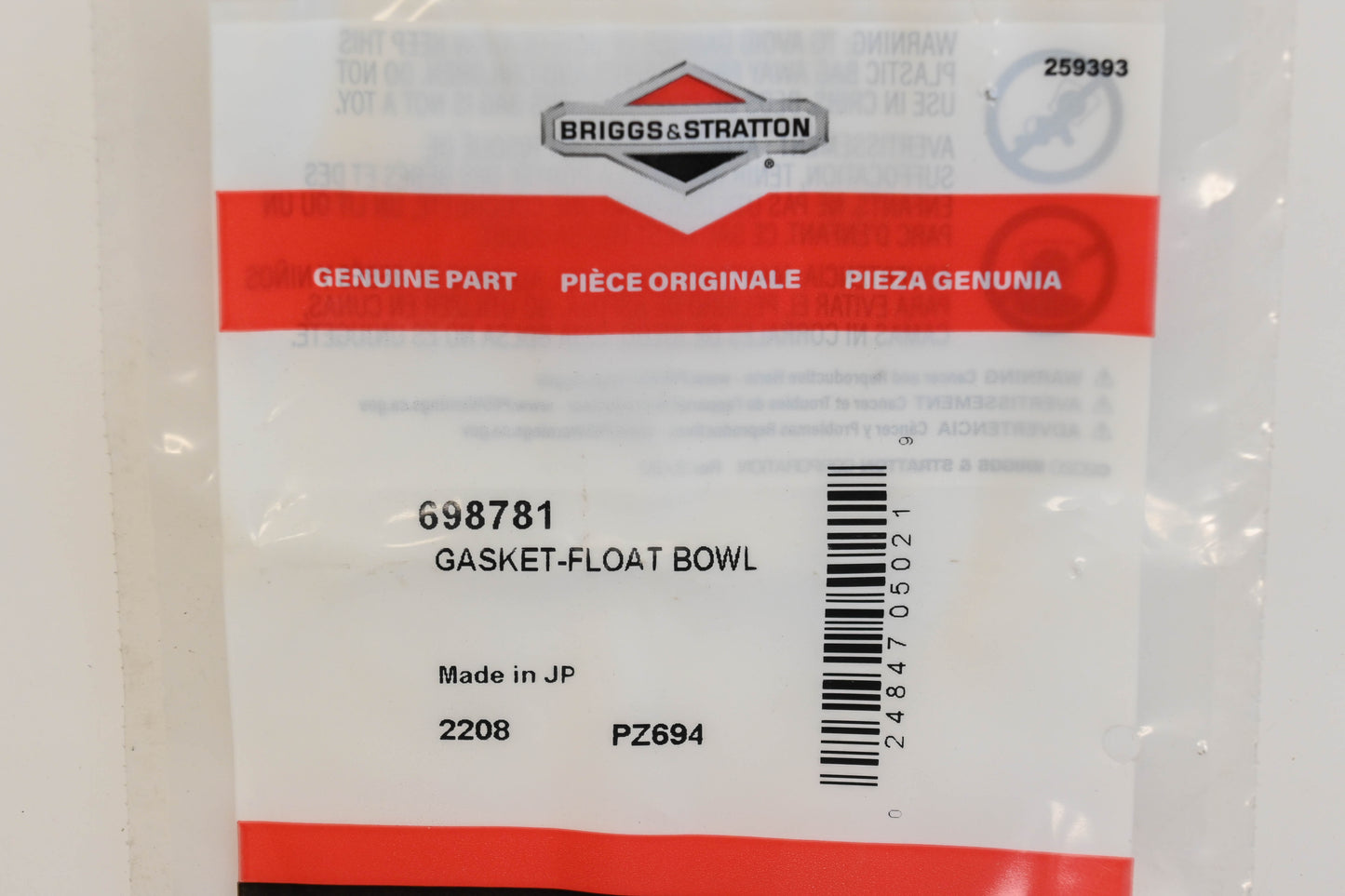 New OEM Briggs & Stratton 698781 Carburetor Float Bowl Gasket Kit Qty 2 NOS