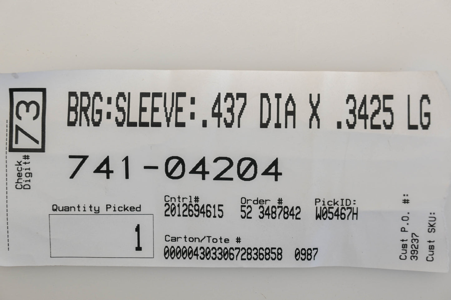 MTD 741-04204 0.437" x 0.3425" Sleeve Bearing NOS