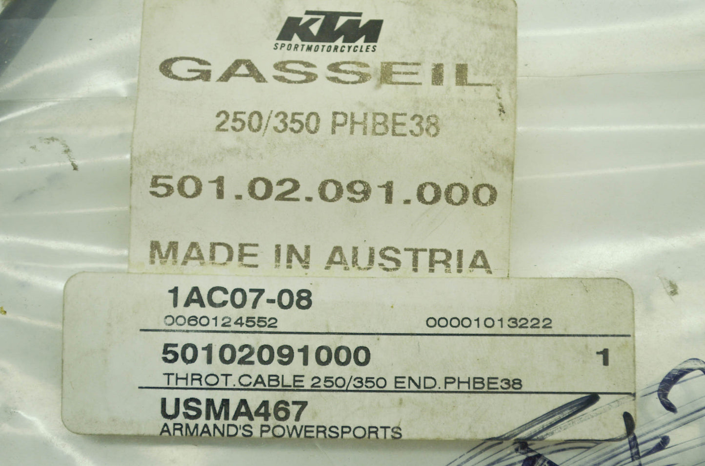 NEW OEM KTM Throttle Cable 250 350 PHBE38 NOS