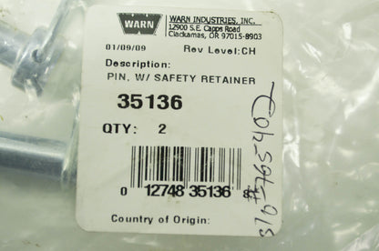 Push Tube Pin with Safety Retainer Qty 2 NOS