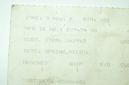 Gravely 20747400 Recoil Spring NOS