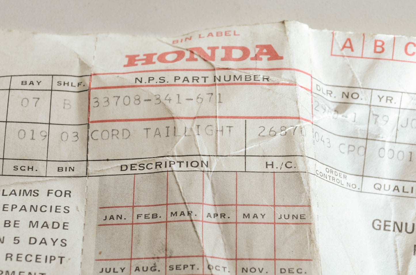 OEM Honda 33708-341-671 Tail Light Wire NOS