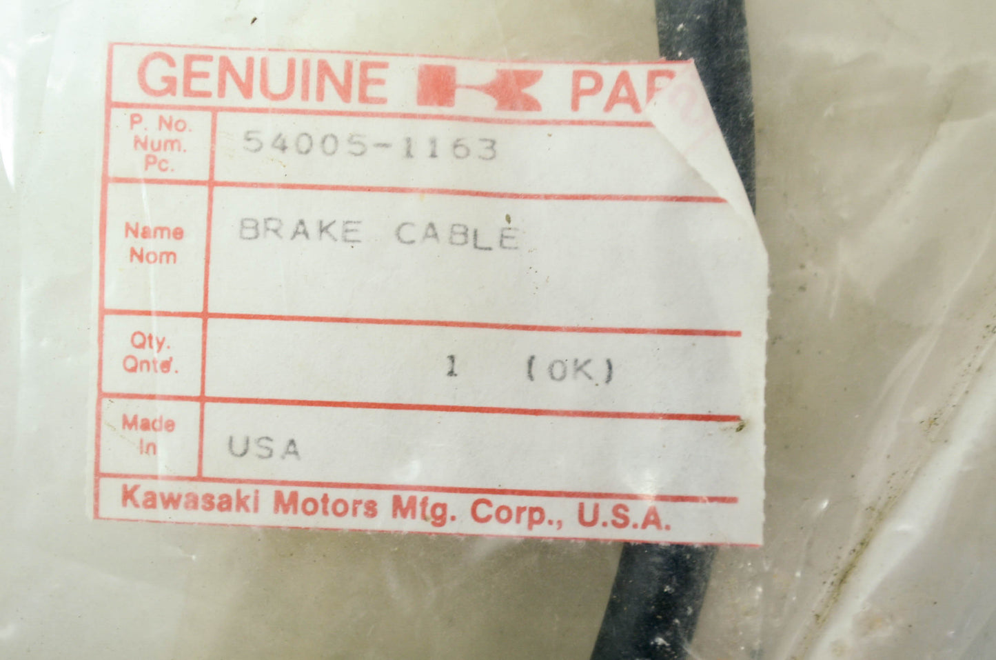 OEM Kawasaki 54005-1163 Front Parking Brake Cable NOS