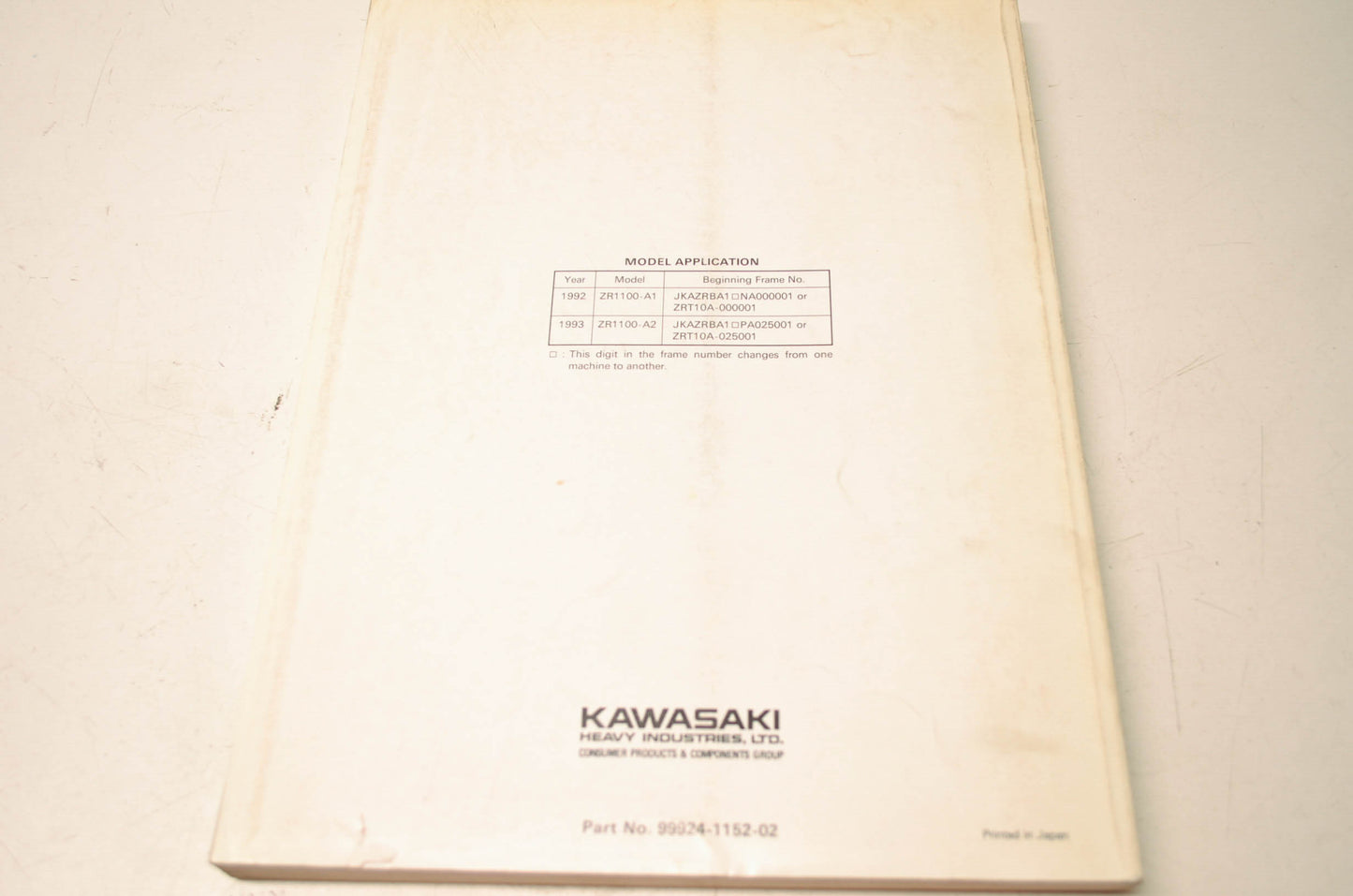 OEM Kawasaki 99924-1152-02 Service Manual ZR1100A