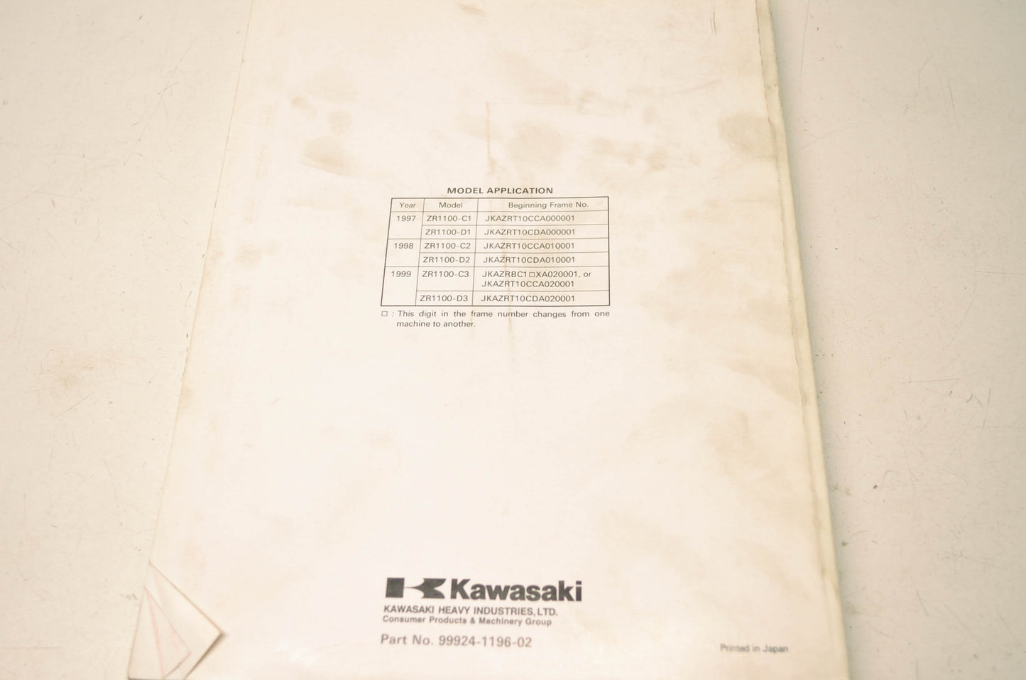OEM Kawasaki 99924-1196-02 Service Manual ZR1100C