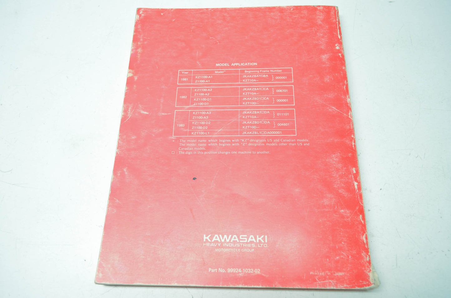 OEM Kawasaki 99924-1032-02 Service Manual KZ1100A/D ZN/B