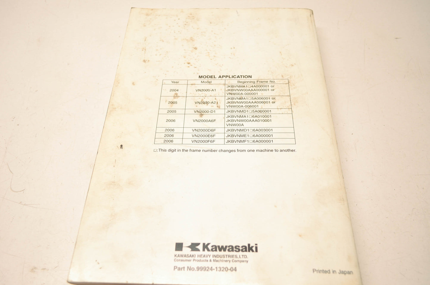 OEM Kawasaki 99924-1320-04 Service Manual VN2000A/D/E/F