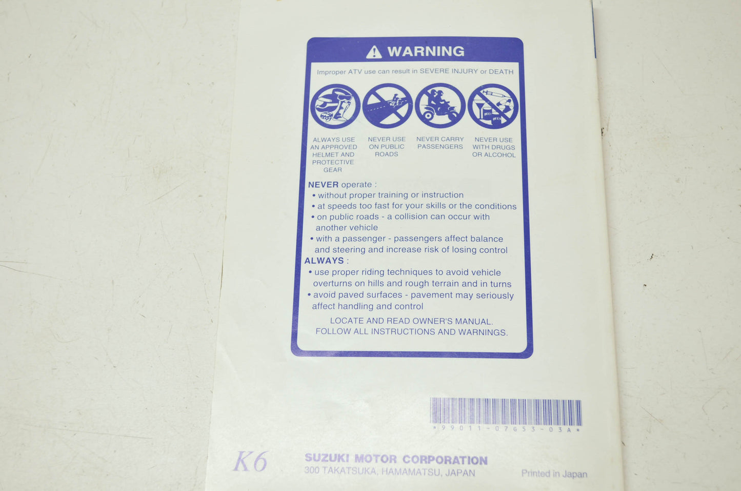 OEM Suzuki 99011-07G53-03A Owner's Manual LT-Z400K6 2