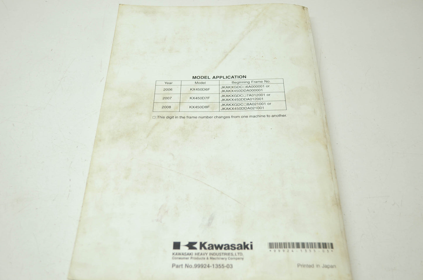 OEM Kawasaki 99924-1355-03 Service Manual KX450D